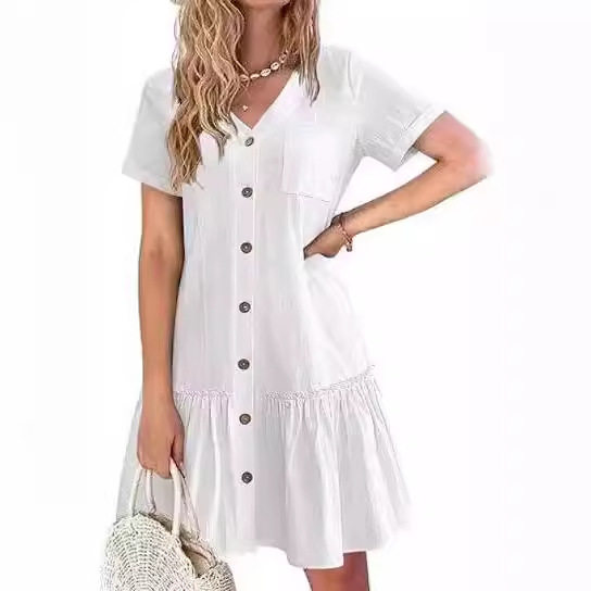 Women Button up Dress Loose Summer Cotton Linen Dress Ruffled Hem Casual Short Sleeve Dress