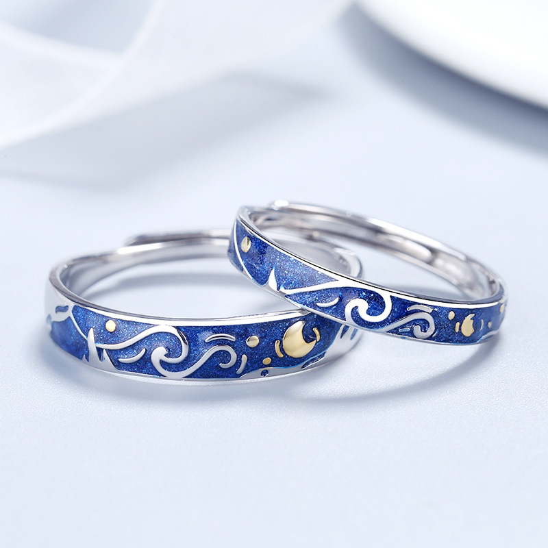 Zilveren paarring Van Gogh's sterring Niche ins ontwerp Emaille ambacht Open ring Ring Live_voghion.com