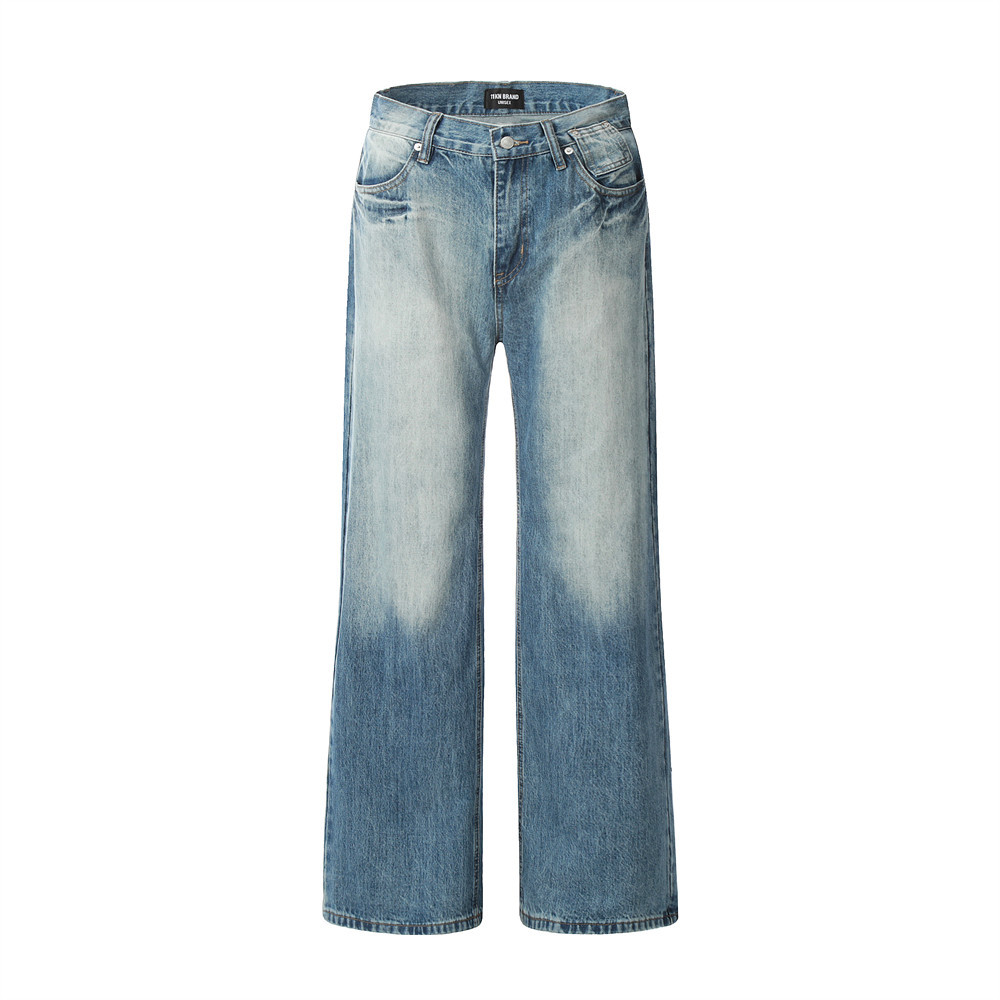 Contrast color spray paint wash Denim straight trousers men's high street American INS casual loose wide leg mop pants fashion
