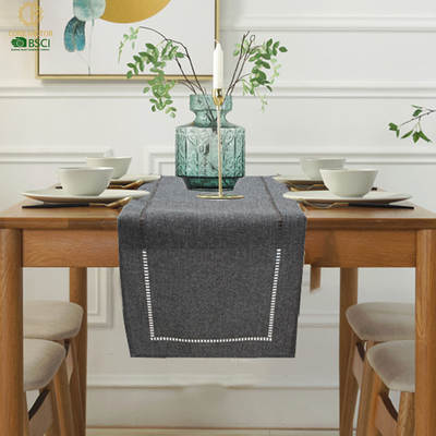 Cross-border boxer eyelet hollow table runner imitation linen polyester solid color long tea flag cover cloth simple eyelet hollow tablecloth