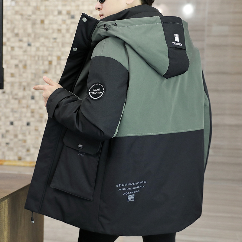 Coat men's youth hooded mid-length plus size men's handsome cotton-padded jacket winter cotton-padded jacket fashion fashion stitching thickened