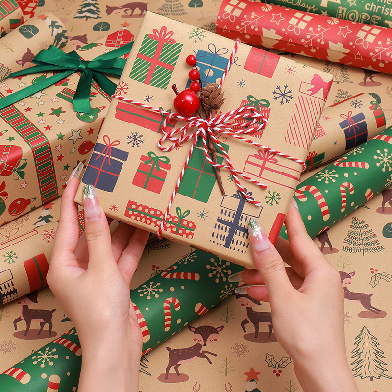 Cross-border new vintage Christmas Kraft paper wrapping paper cute cartoon Christmas gift wrapping paper wholesale