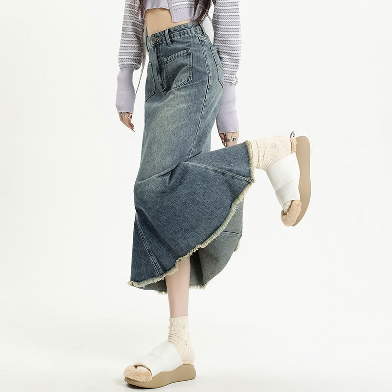 Vintage Denim Skirt Women's Summer 2023 New Design High Waist Slim A- line Hip Fishtail Skirt