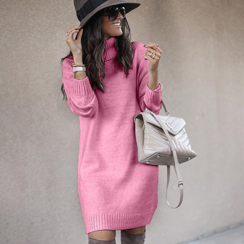 2021 European and American Sweater Amazon wish Women's Mid-length High Collar Top Knitted Sweater Coat Cross-border Women's Wear