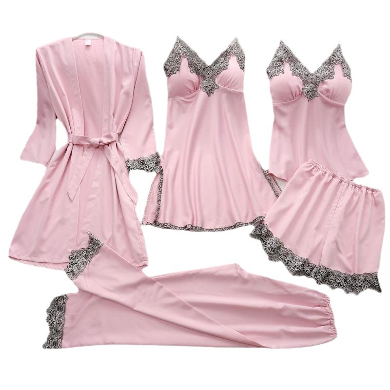 Cross-border supply imitation silk pajamas bathrobe underwear five-piece set of suspenders sexy ladies home clothes European and American pajamas