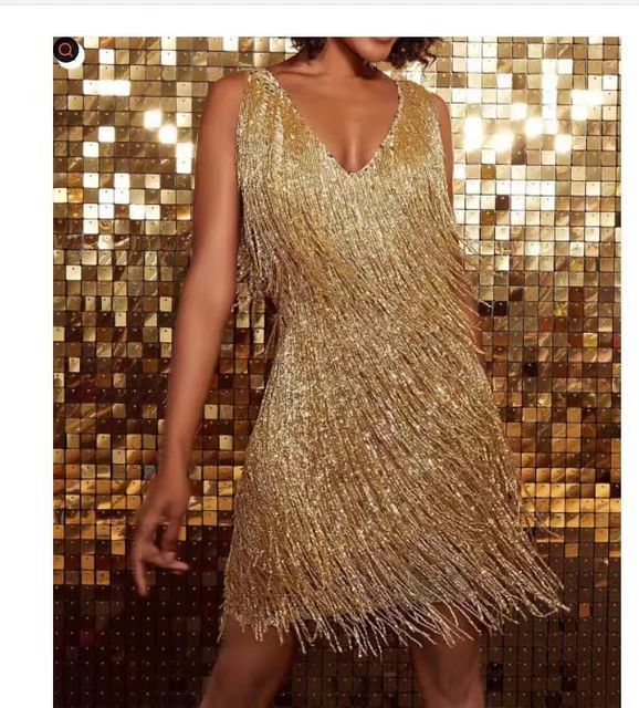 Wish Amazon AliExpress 2022 Low-cut V-neck Sexy Deep Sleeveless Pencil Skirt Mid-skirt Tassel Skirt INS