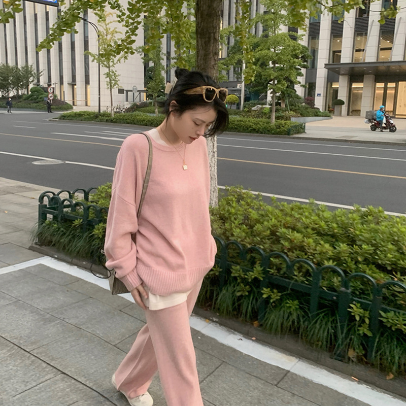 Cross-border Autumn and Winter New Salt Wear Pullover Knitted Sweater Casual Street Fashion Hong Kong Style Sports Two-piece Set for Women