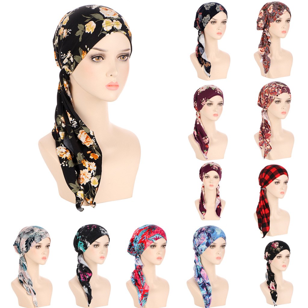 Amazon new European and American printed curved flower cloth hat Muslim toe cap milk silk pullover small hat in stock