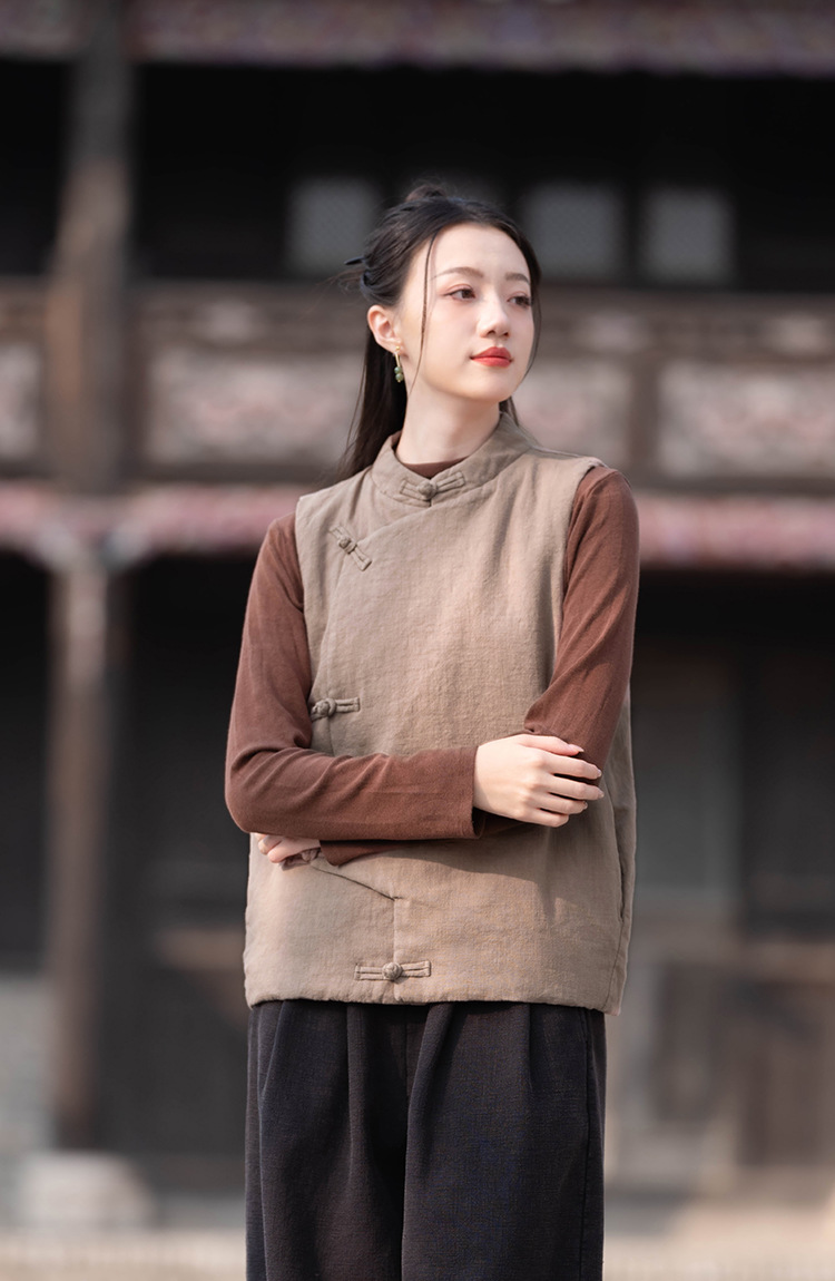 23 cotton and linen women's clothing New National style vintage buckle cotton vest top women's sand wash linen quilted warm vest_voghion.com