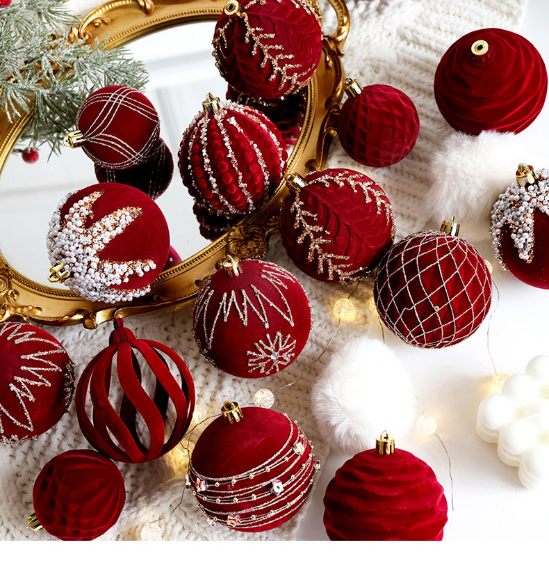 Christmas tree decorative ball Christmas painted ball flocking dark red Christmas ball Pearl DIY hanging decoration scene layout_voghion.com
