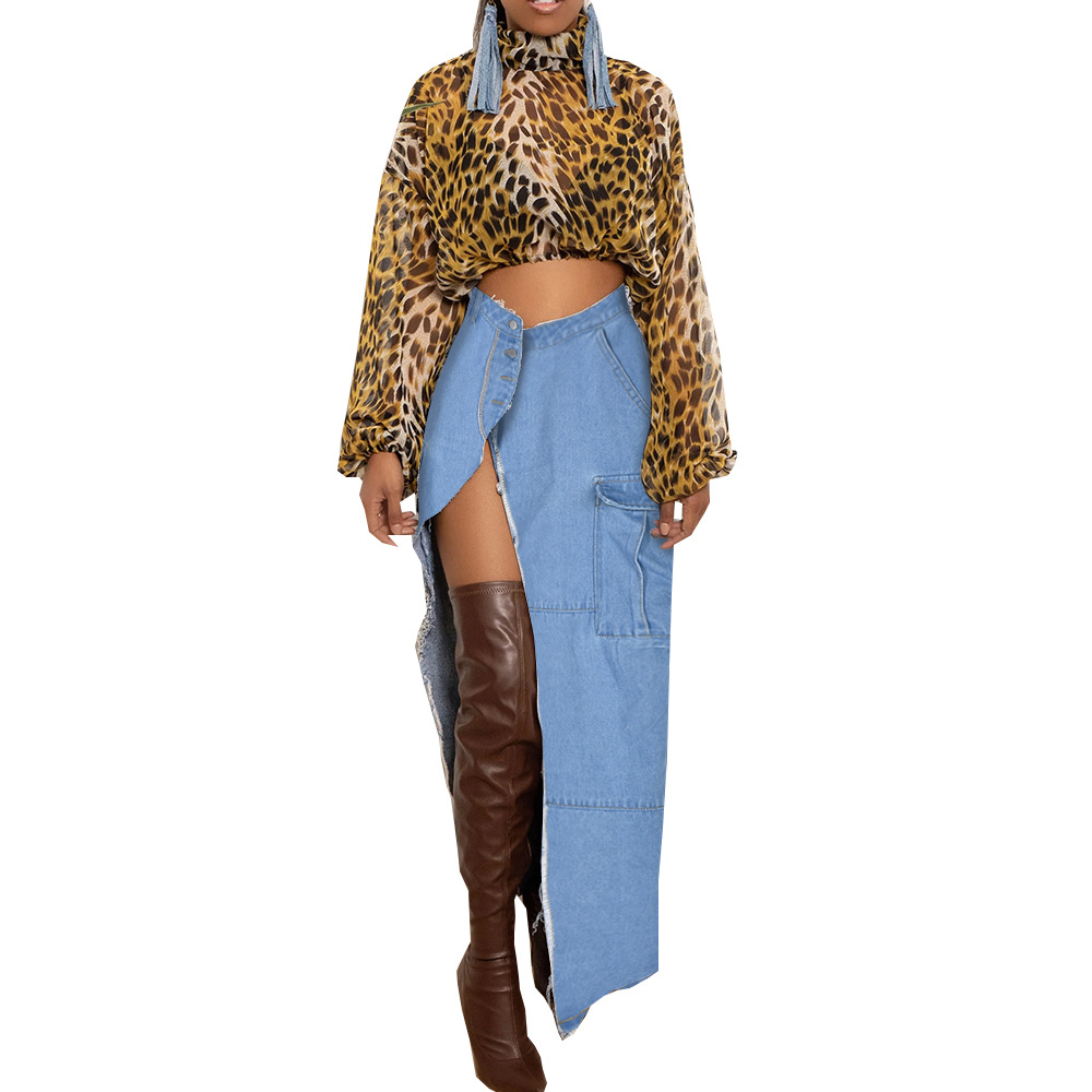 9150DD Nazada Foreign Trade Women's Clothing New Fashion Personalized Denim Washing Water Pocket Slit Tassel Skirt Women