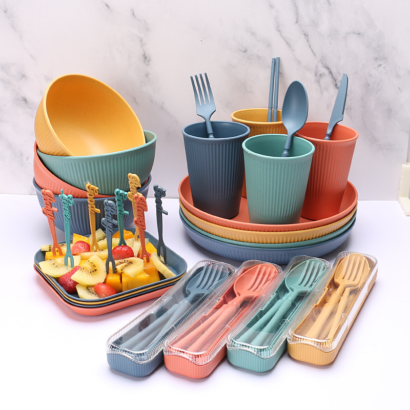 Amazon Wheat Straw Tableware Set Household Rice Bowl Plate Cup Student Portable Knife, Fork, Spoon and Chopsticks Gift