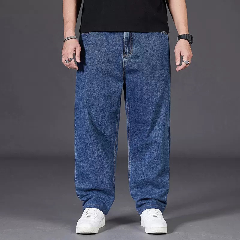 Plus size jeans men's autumn plus size men's pants loose straight fat guy wide leg elastic waist trousers