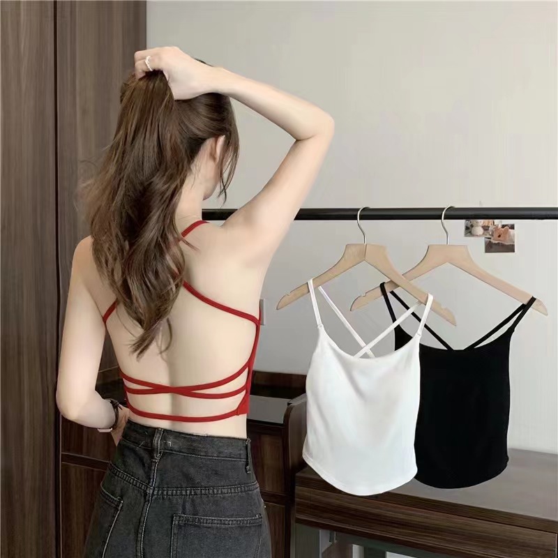 2874# Explosions Sewing Threaded Camisole Vest Cross Beautiful Back Cure Machine Integrated Chest Pad Sexy Big Backless
