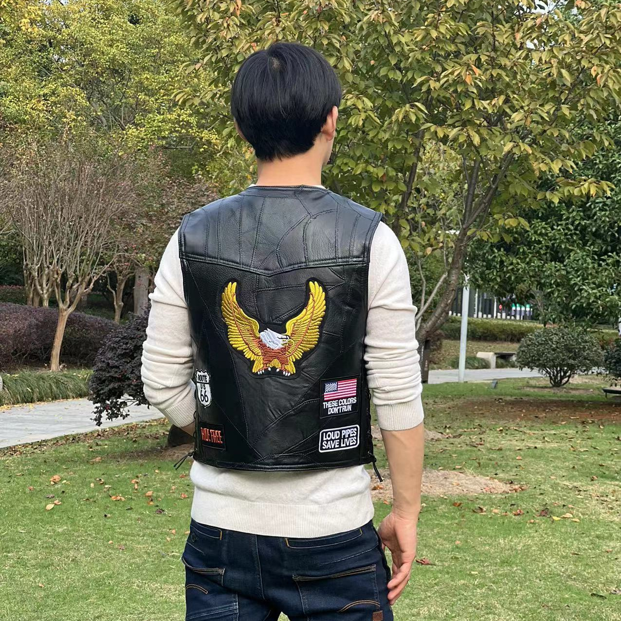 Harley Motorcycle Vest Riding Waistcoat Men's Leather Vest Golden Eagle 9 Embroidered Badge Pad