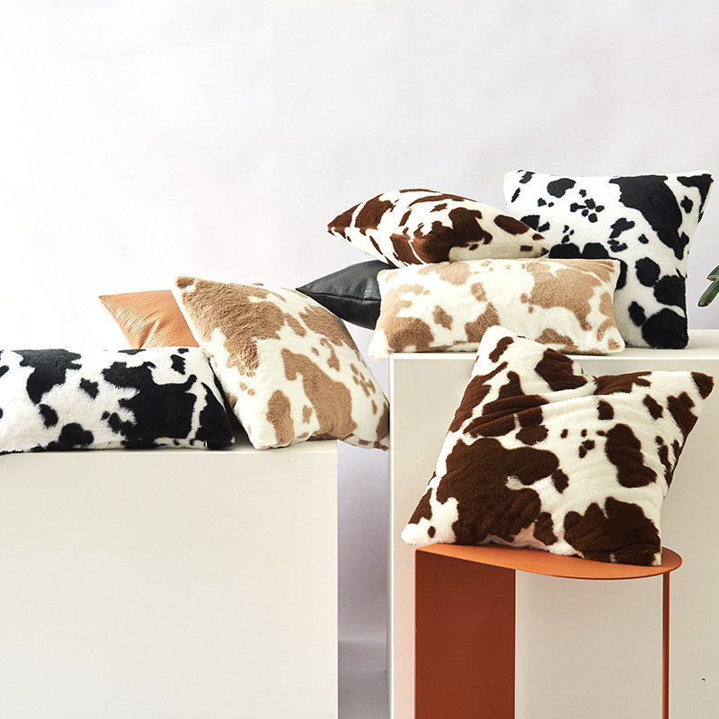 Amazon Cross-border Cow Pattern Plush Double-Sided Car Pillow Cover Home Art Style Color Block Throw Pillow Cover