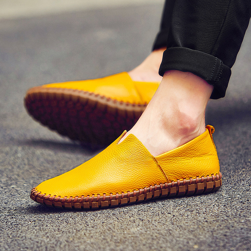 Cross-border Large Size Slip-on Men's Shoes Hand-stitched Men's Peas Shoes Spring and Summer First Layer Cowhide Hollow Men's Leather Shoes