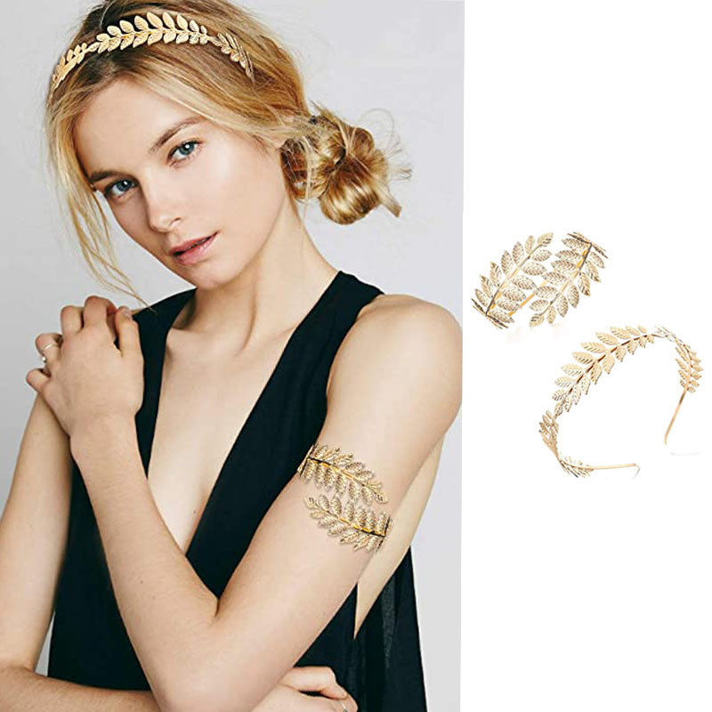 Cross-border hot selling European and American fashion alloy leaf arm ring headband suit beautiful bride golden leaf headdress