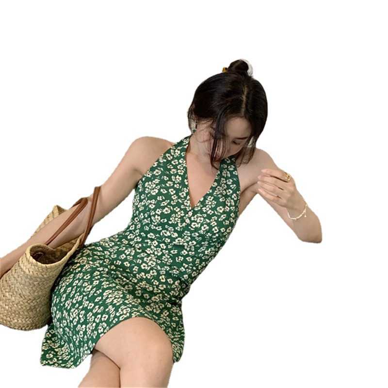 New Hong Kong Style Retro Women's Summer V-neck Hanging Neck Floral A- Line Skirt Bag Hip Slim Sling Strap Dress Trendy