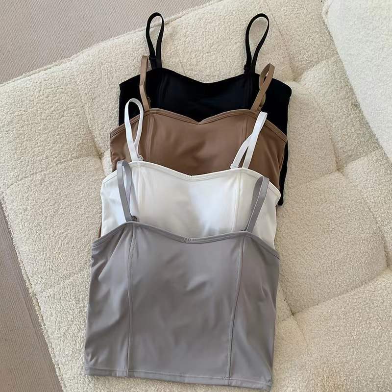 Beautiful Back Ice Silk Underwear Vest Sling with Chest Pad Women's Fixed Cup Comfortable Anti-Light Outer Wearing Solid Color Breast Wrapping Tube Top