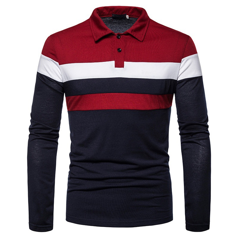 Autumn 2023 New Three Color Stitching Fashion Design Casual T-shirt Lapel Long Sleeve Polo Shirt Men's Long Sleeve T-shirt