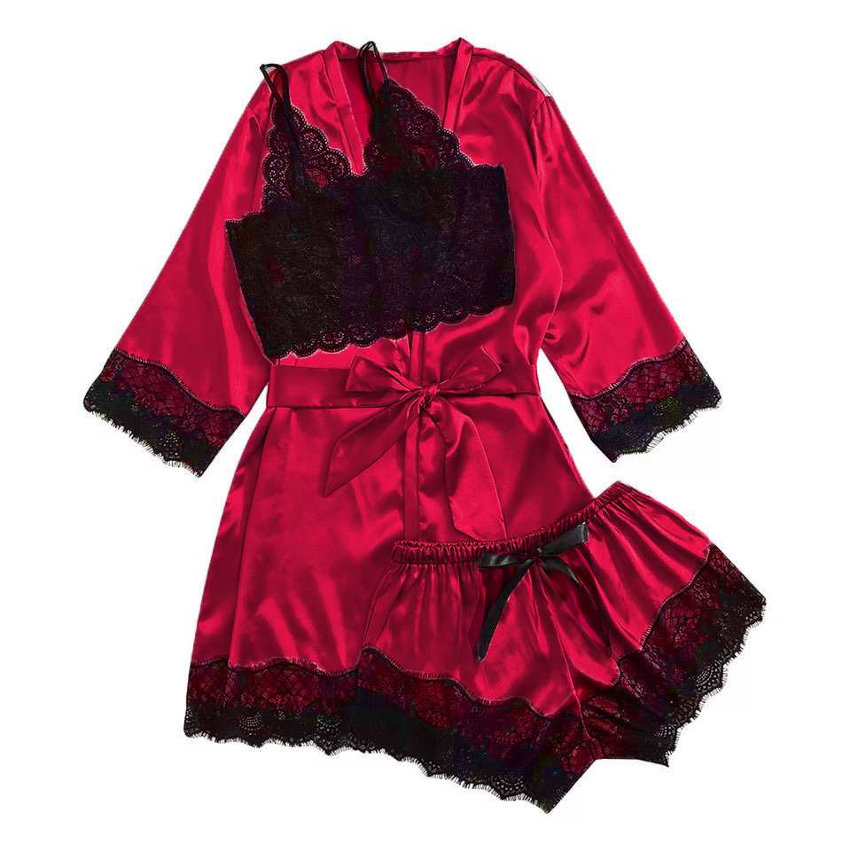 Amazon Europe and America Cross-border Pajamas Three-piece Set Women's Summer Silk-like Nightgown Bathrobe Foreign Trade Home Clothes suit