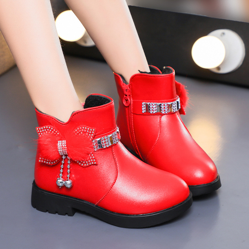 Children's Cotton Boots Princess Fashion Bow Baby Warm Leather Boots 2024 Winter Girls Rhinestone Medium Boots