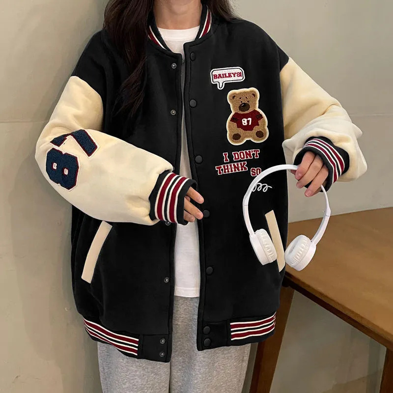 Retro Student Internet Celebrity Bear Baseball Suit Cardigan Women's Spring and Autumn Hong Kong Style Large Size Slimming All-match Jacket Coat Trendy