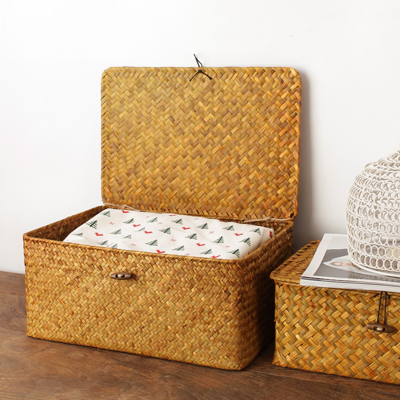 Seagrass Woven Storage Basket Frame Bamboo Woven Straw Woven Storage Basket Rattan Woven with Lid Desktop Sundries Snack Storage Box