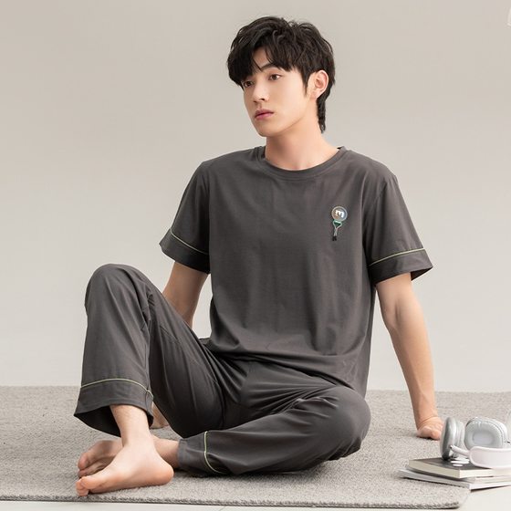 Men's pajamas men's summer short-sleeved trousers half-sleeved cotton summer suit boys British-style home wear spring and autumn