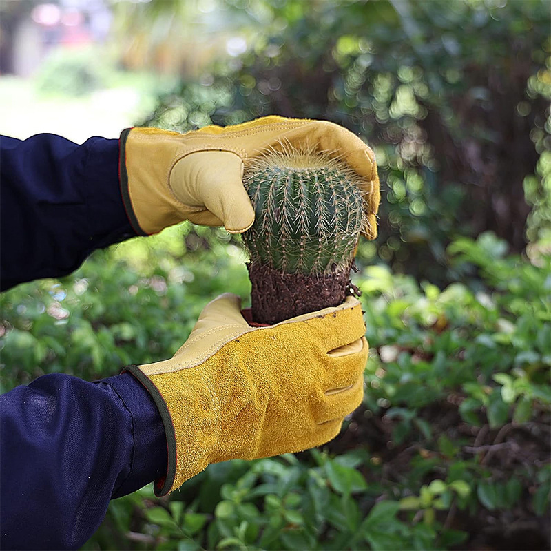 跨境户外骑行手套黄色牛皮手套耐磨防刺园艺手套搬运工作劳保手套