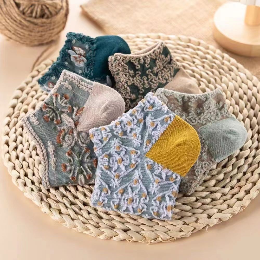 Retro socks for women's short socks literary palace sailboat socks floral new trendy socks for summer women's socks cotton breathable and sweet