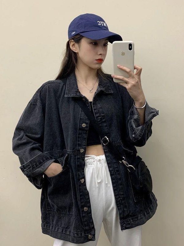 Denim jacket for female students spring and autumn Korean style new loose jacket BF versatile large pocket mid-length workwear top