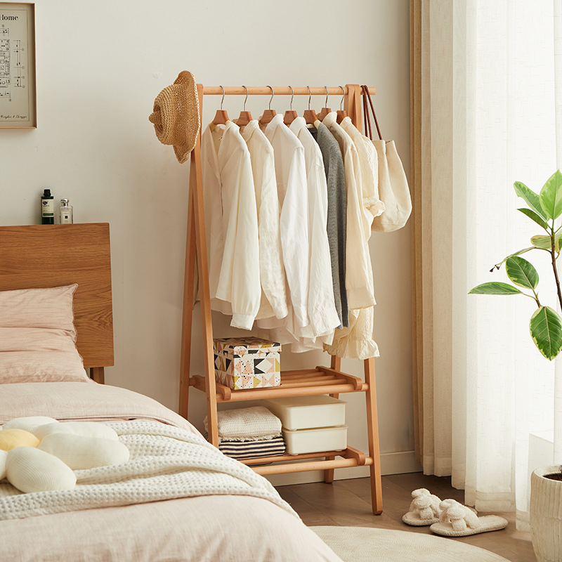 Beech Double-layer Hanger Floor Bedroom Doorway Storage Coat Rack Simple Folding Multifunctional Vertical Storage Rack
