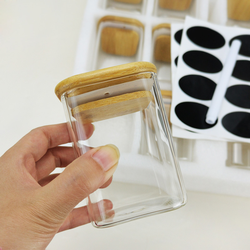 スクエアガラス調味料缶セット台所用品家庭用12個缶竹蓋付き塩缶真珠綿セット|undefined