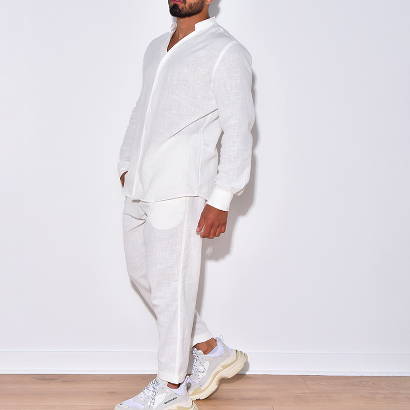 Cross-border European and American Men's Linen Autumn Casual Suit Long-sleeved One-piece Workwear Trousers Foreign Trade New Two-piece Men's Suit