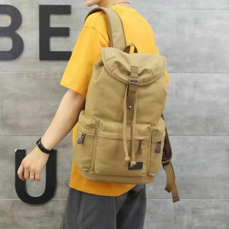Retro canvas backpack men's high school student schoolbag casual computer travel bag drawstring backpack Korean style bag