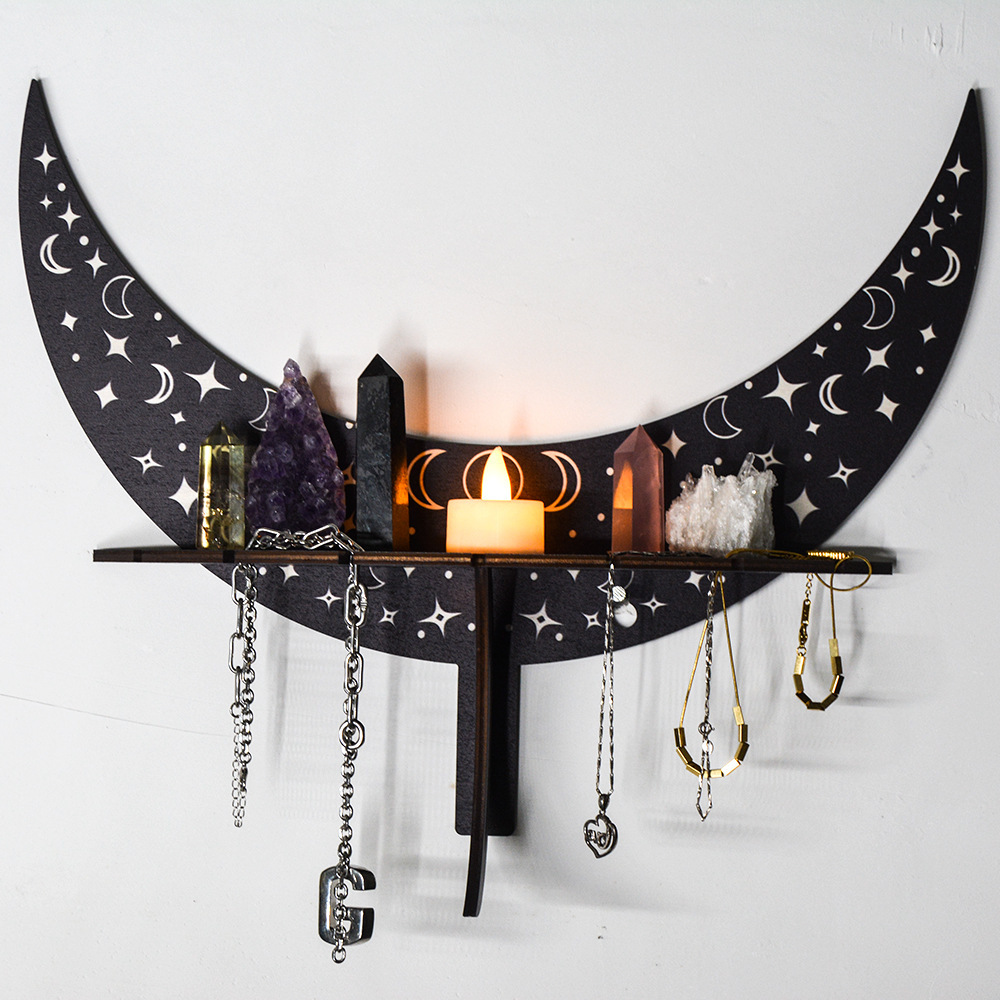 MZ241 Bohemian BOHO Moon Phase Crescent Three-dimensional Wooden Crystal Storage Rack Jewelry Candlestick Display Rack