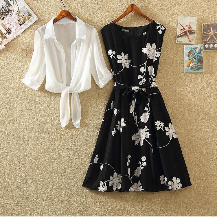 Suit 2022 Summer New Vintage Printed Small Black Dress High Waist Sleeveless Slimming A- line Skirt Two-piece Dress