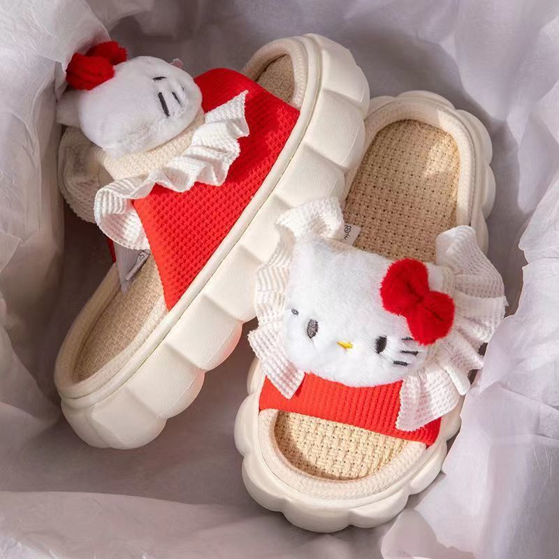 High-looking Sanrio linen slippers spring and summer men's and Women's Home soft bottom thickened non-slip couple home shoes