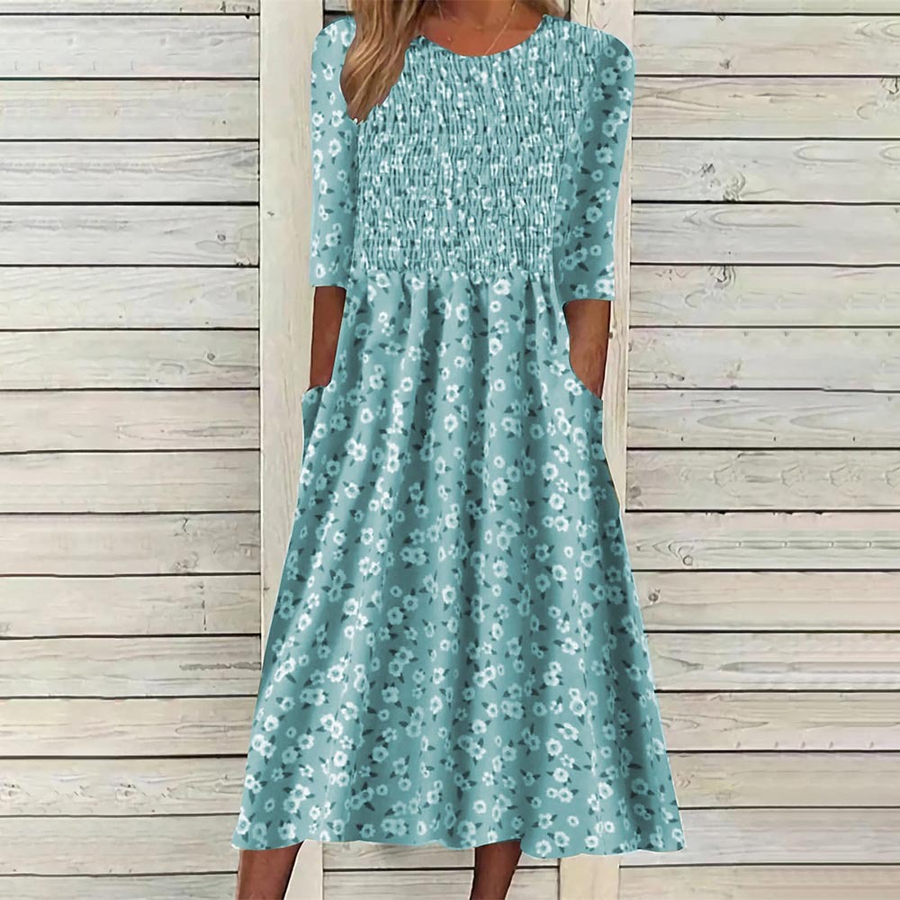Cross-border Women's Clothing Amazon European and American Elegant Waist Printed Short-sleeved Dress 2023 Summer New Holiday Women