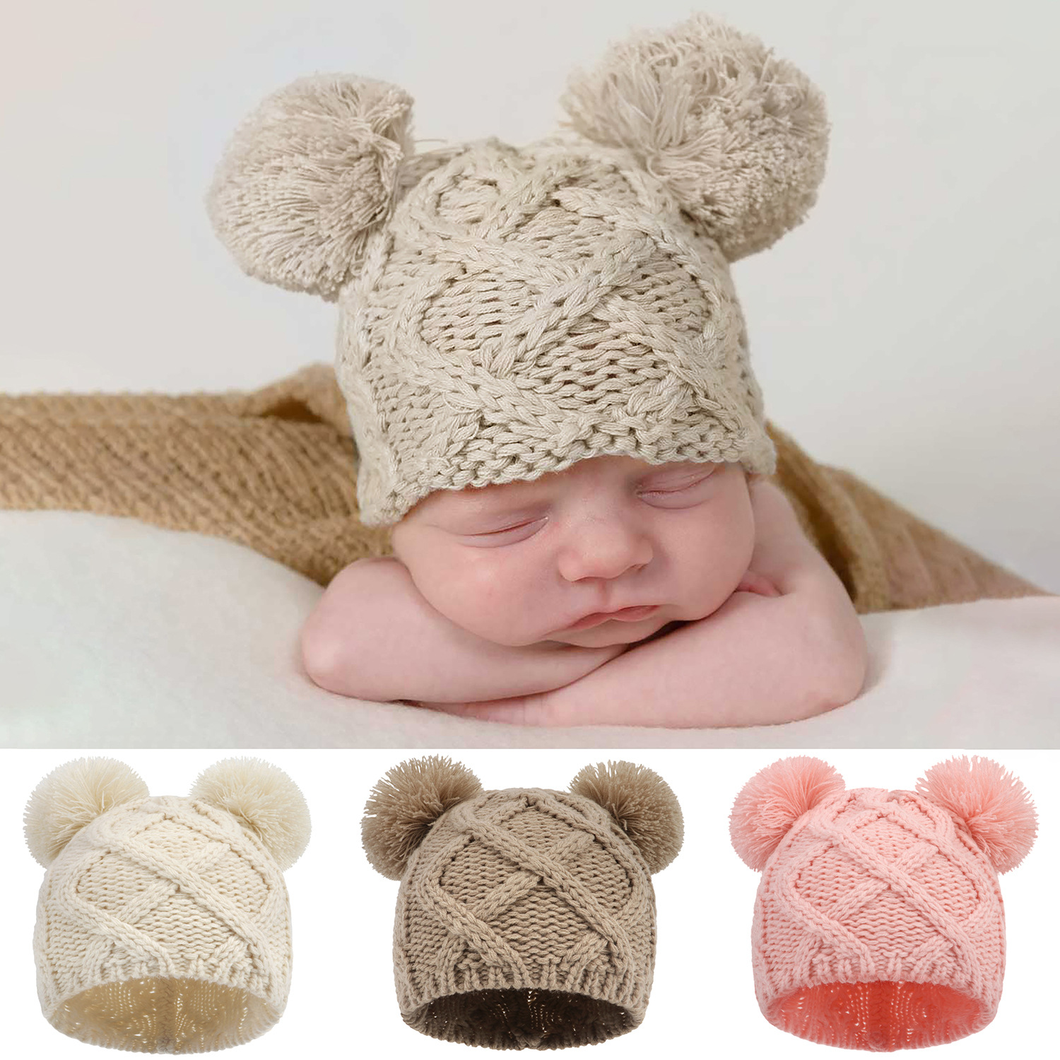 Newborn baby photography photography hat baby knitted double ball hat baby warm bear wool hat