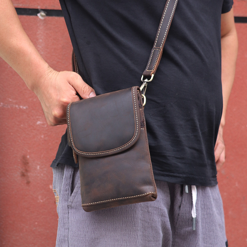 Crazy Horse Leather Men's Bag Men's Shoulder Crossbody Bag Genuine Leather Mobile Phone Waist Bag Wear Pants Belt Top Layer Cowhide Small Satchel