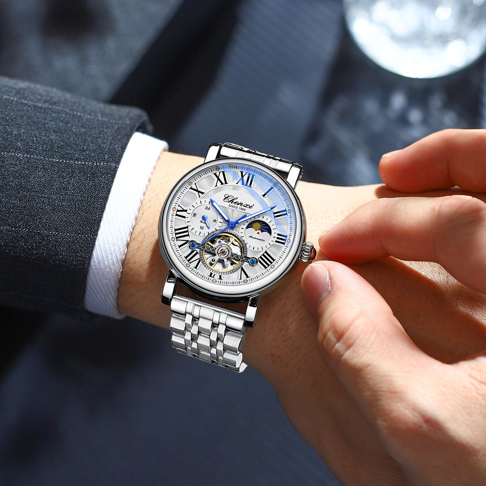 Dawn wholesale business men's high-grade automatic hollow flywheel luminous waterproof foreign trade cross-border mechanical watch men