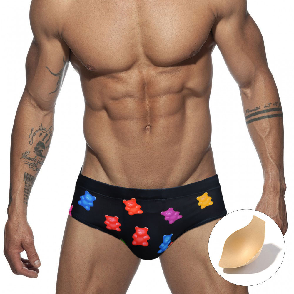 UXH European and American Men's Cute Bear Triangular Swim Trunks with Built-in Bra, 3D Fitness Bodysuit, Fashion Triangular Trunks