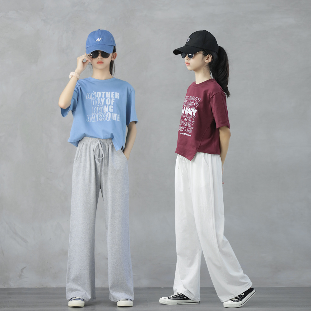 中大女童褲套裝純棉夏2024新款寬鬆薄款直筒長褲短款T恤一件代發
