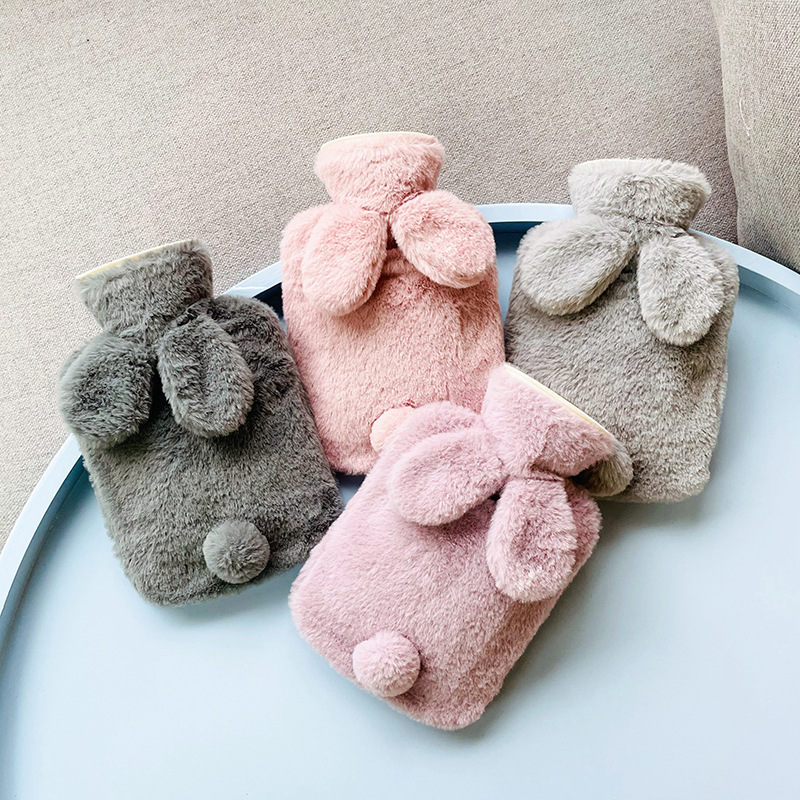 New rabbit tail water filling hot water bag plush warm water bag winter warm pvc plush cloth cover water filling hot water bag