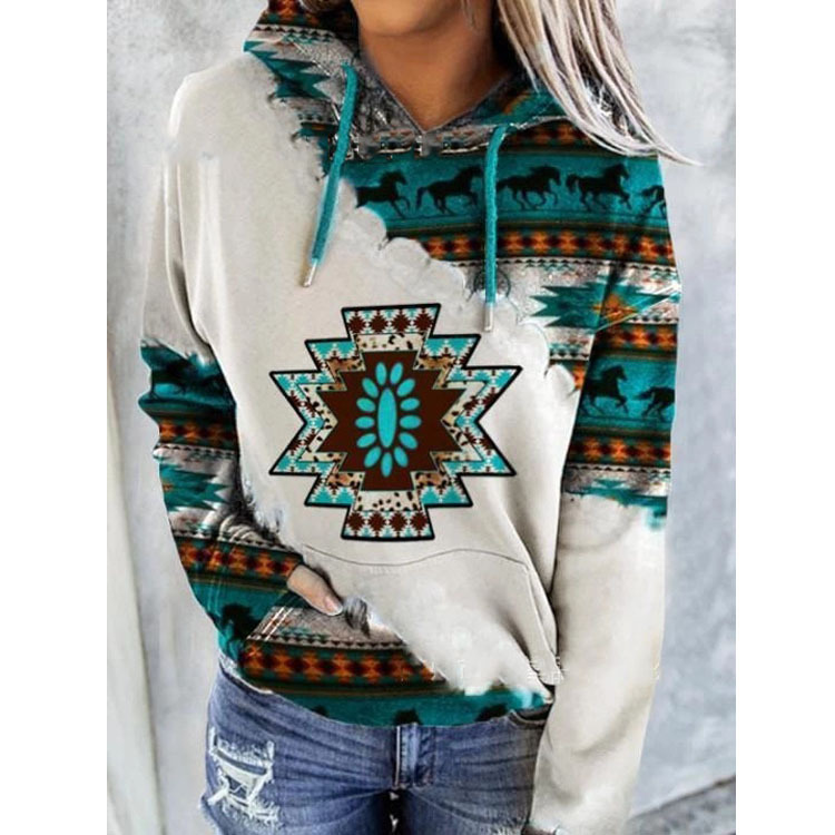 Independent Station Foreign Trade Explosions Top 2022 Autumn and Winter New European and American Women's Ethnic Style Printed Sweat Women's Autumn and Winter