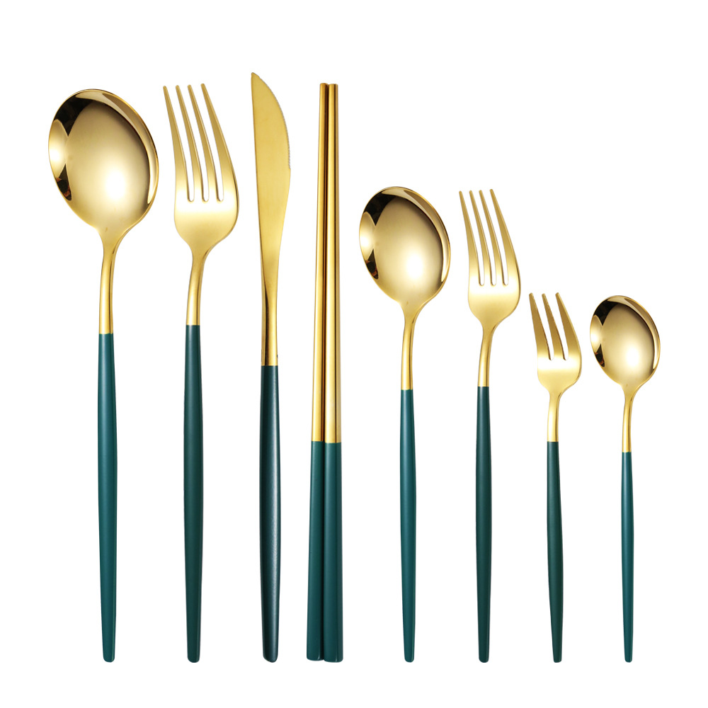 Portugal 304 stainless steel knife, fork and spoon chopsticks Internet celebrity Green Gold Fork chopsticks Western steak knife and fork dessert tableware
