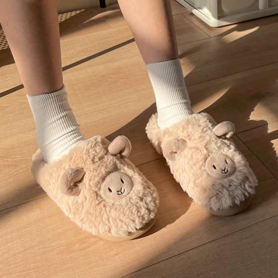 Cotton Slippers for Women and Men Couple Cute Cartoon Girl Heart Sheep Slippers Winter Indoor Home Soft Bottom Plush Cotton Slippers